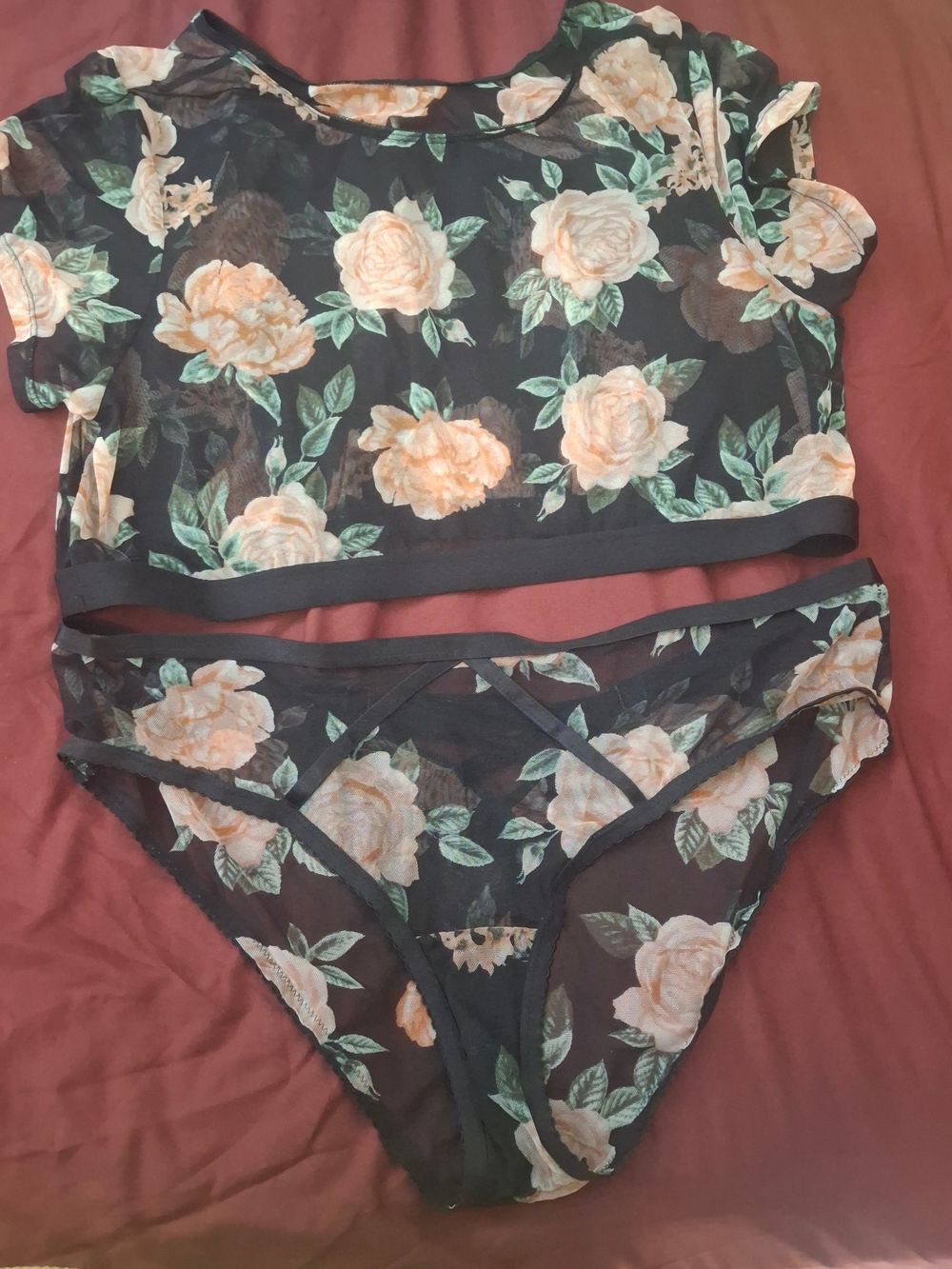 Sheer Floral Mesh Crop Top & Bikini Set - Black with Pink Roses
